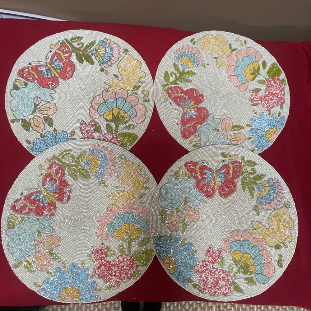Rachel Zoe Beaded Charger Butterfly Easter Bunny Floral Placemat 15" Set Of 4